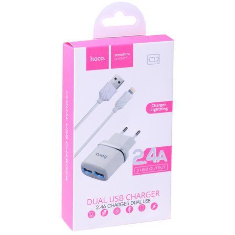Home Charger 2.4A 2U Micro Cable (1m) Hoco C12 White Ц-000056803 фото