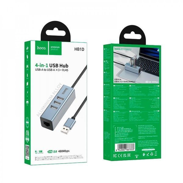 HUB USB To 3 USB3.0 & RJ45 Hoco HB1D Ц-000082704 фото