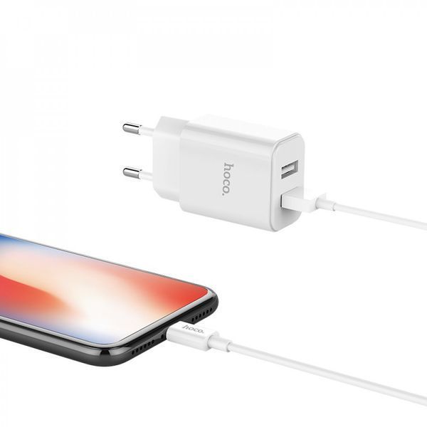 Home Charger 2.1A 2U Lightning Cable (1m) Hoco C62A White Ц-000064304 фото