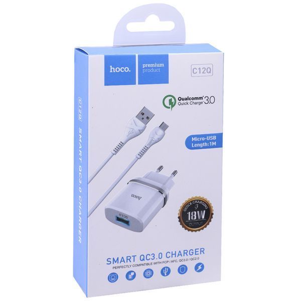 Home Charger | 18W | QC3.0 | Micro Cable (1m) &mdash; Hoco C12Q &mdash; White Ц-000068613 фото
