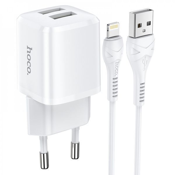 Home Charger 2.4A 2U Lightning Cable (1m) Hoco N8 &mdash; White Ц-000071405 фото