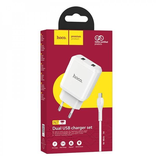 Home Charger 2.1A 2U Micro Cable (1m) Hoco N7 &mdash; White Ц-000071410 фото